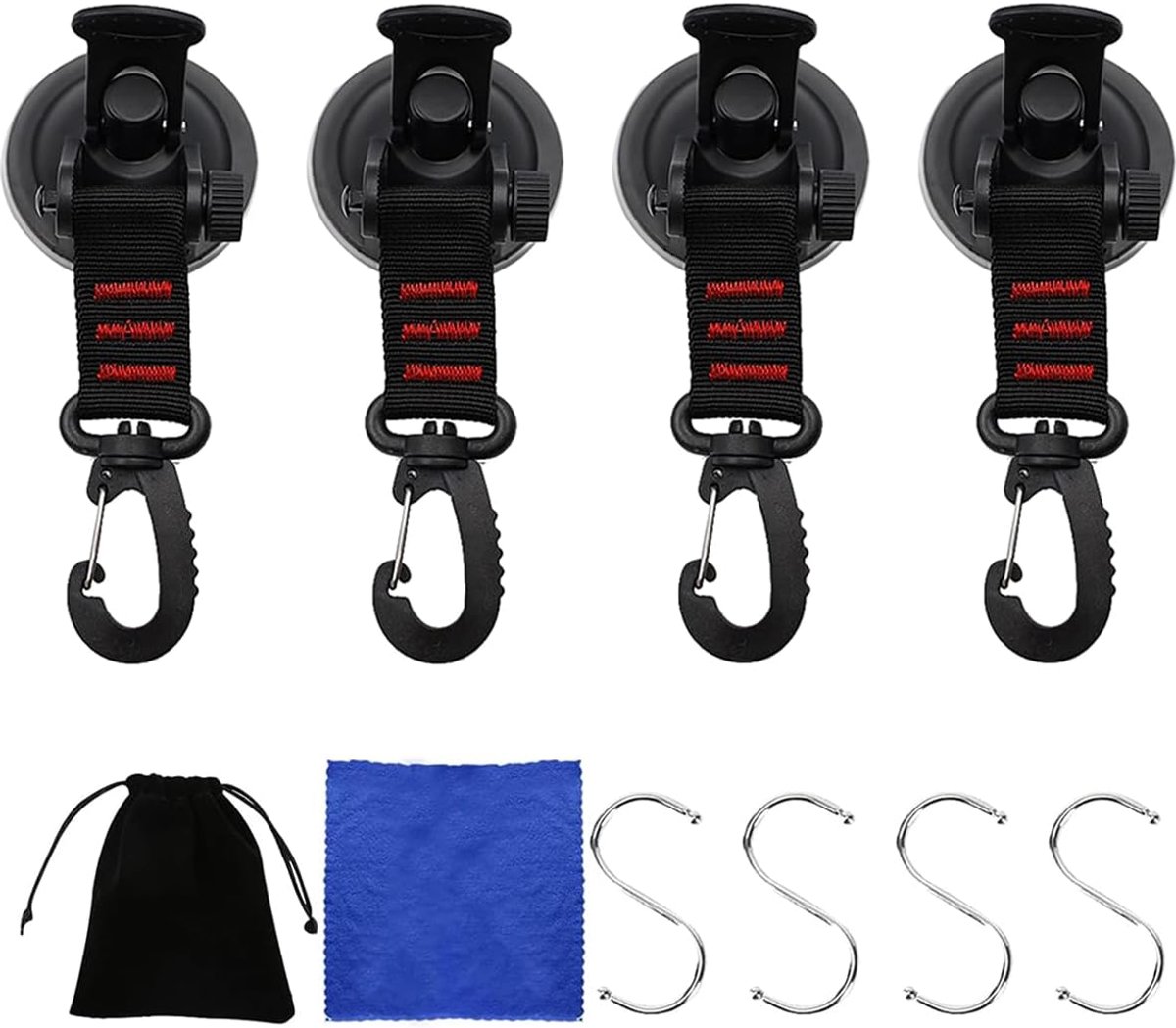 4 stuks Zuignap Anker, Zuignap Beveiliging Haak, Zuignap voor camping met 4 S-haken, Campingzuignappen met haken, Zuignapanker met bevestiging, Zuignaphaken voor auto, camper, huishouden