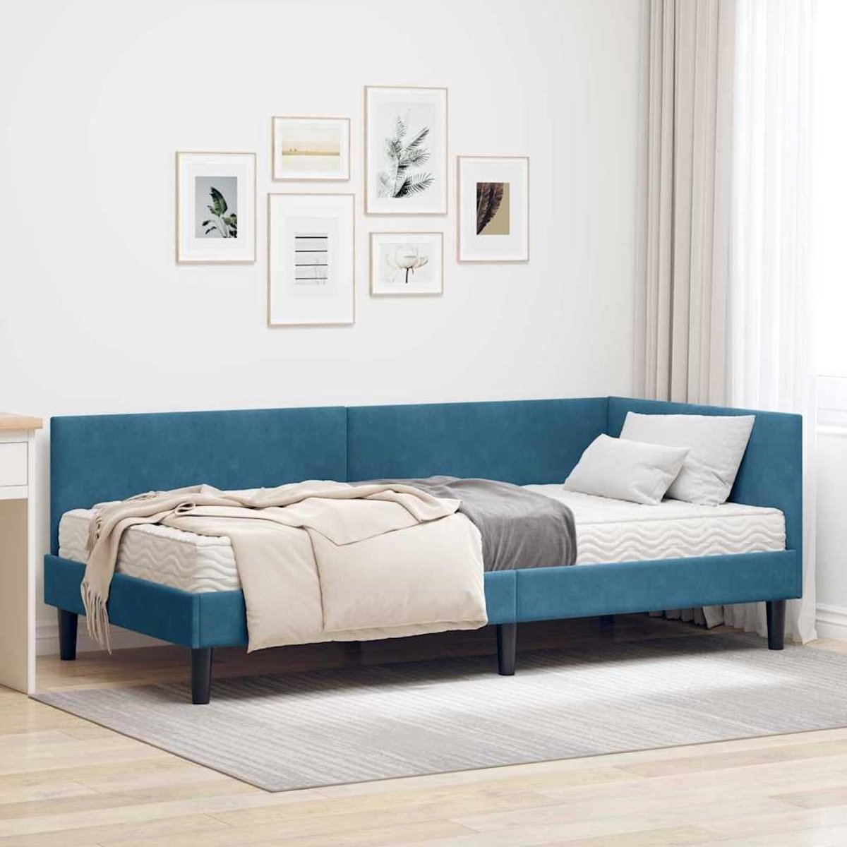 Hoekbedframe met matras, 2 stuks, blauw fluweel, wandgemonteerd hoofdeinde en ademende middelsterke matras voor moderne slaapkamer