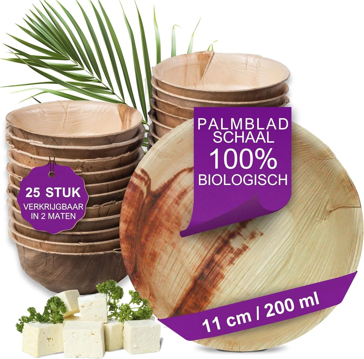 Palmblad Schaal – 25x Ronde Schaal Ø 11 cm / 200 ml - Composteerbaar Eersteklas Wegwerp Schaaltjes - Palm Leaf Bowls - vergelijkbaar met Bamboe Kommen