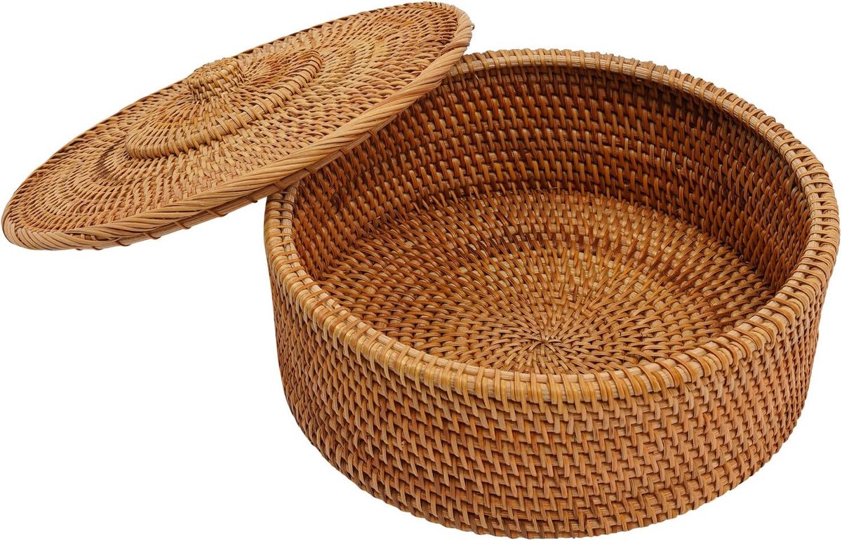 Rotan mand met deksel, geweven opbergdoos van ratten, tortilla-mand, handgemaakte gevlochten mand voor brood, groenten, fruit, snack (30 x 13 cm)