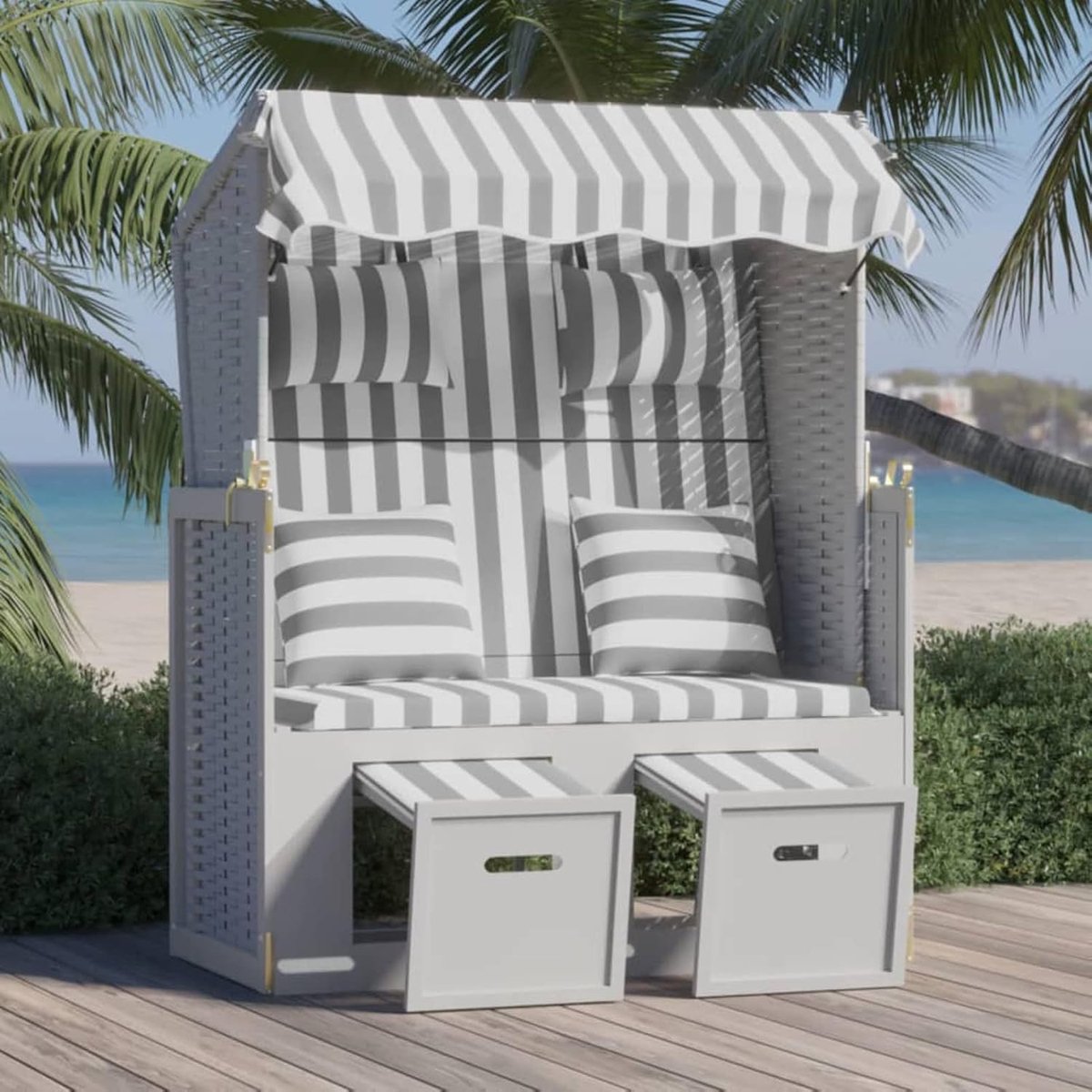 Strandstoel met kussen, zonnebed, lounge, ligstoel, 3-voudig verstelbare rugleuning met voetenbankje voor tuin en terras, polyrotan en massief hout, grijs/wit