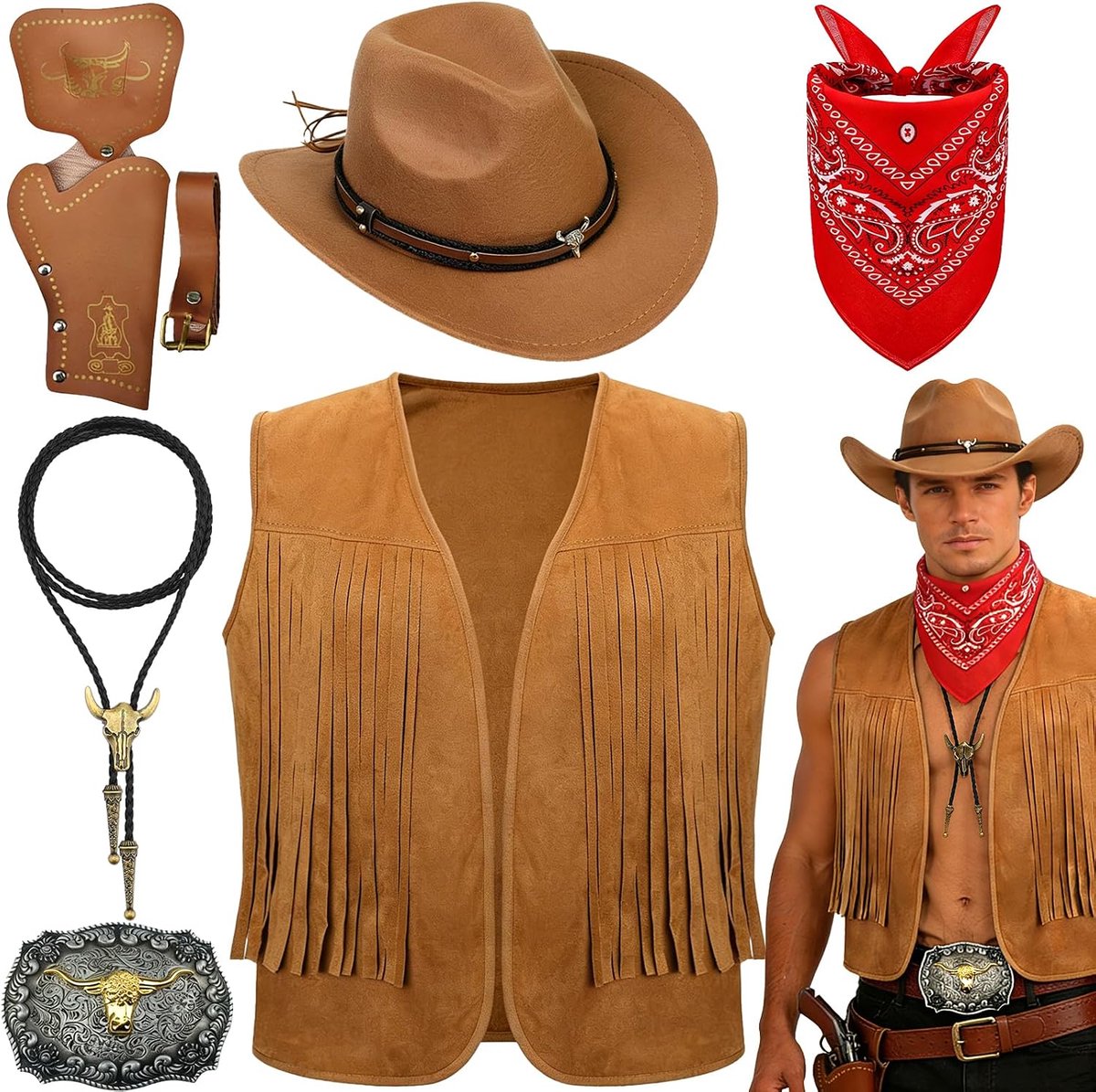 7-delige cowboy fancy dress accessoireset voor heren, western cowboykostuum met hoed, kwastenvest, paisley, bandana, western, bolo-gesp, riem, holster voor carnaval, fancy cosplay