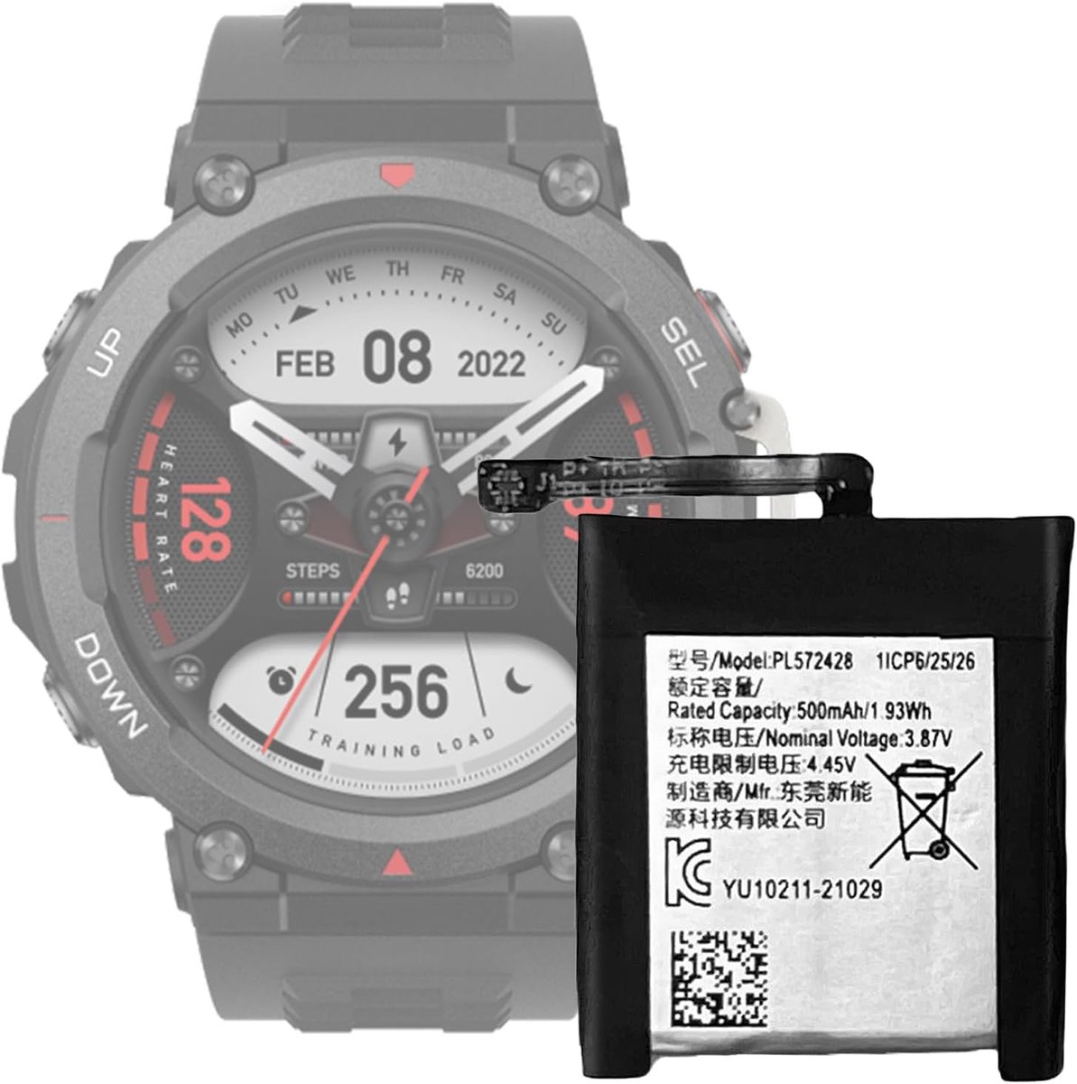 0-Cycle vervangende batterij PL572428, compatibel met T-Rex 2/T-Rex Ultra Smart Watch