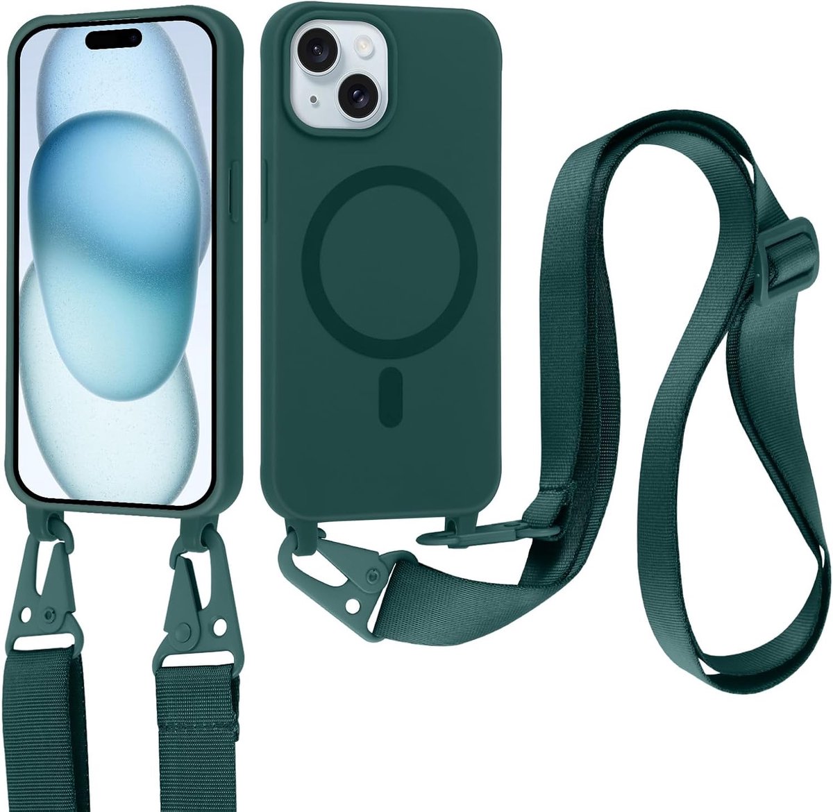Beschermhoes voor iPhone 15 Plus, met koord, zachte siliconen, schokbestendig, met verstelbare omhangband, halsketting en ketting voor iPhone 15 Plus 6,7 inch, groen