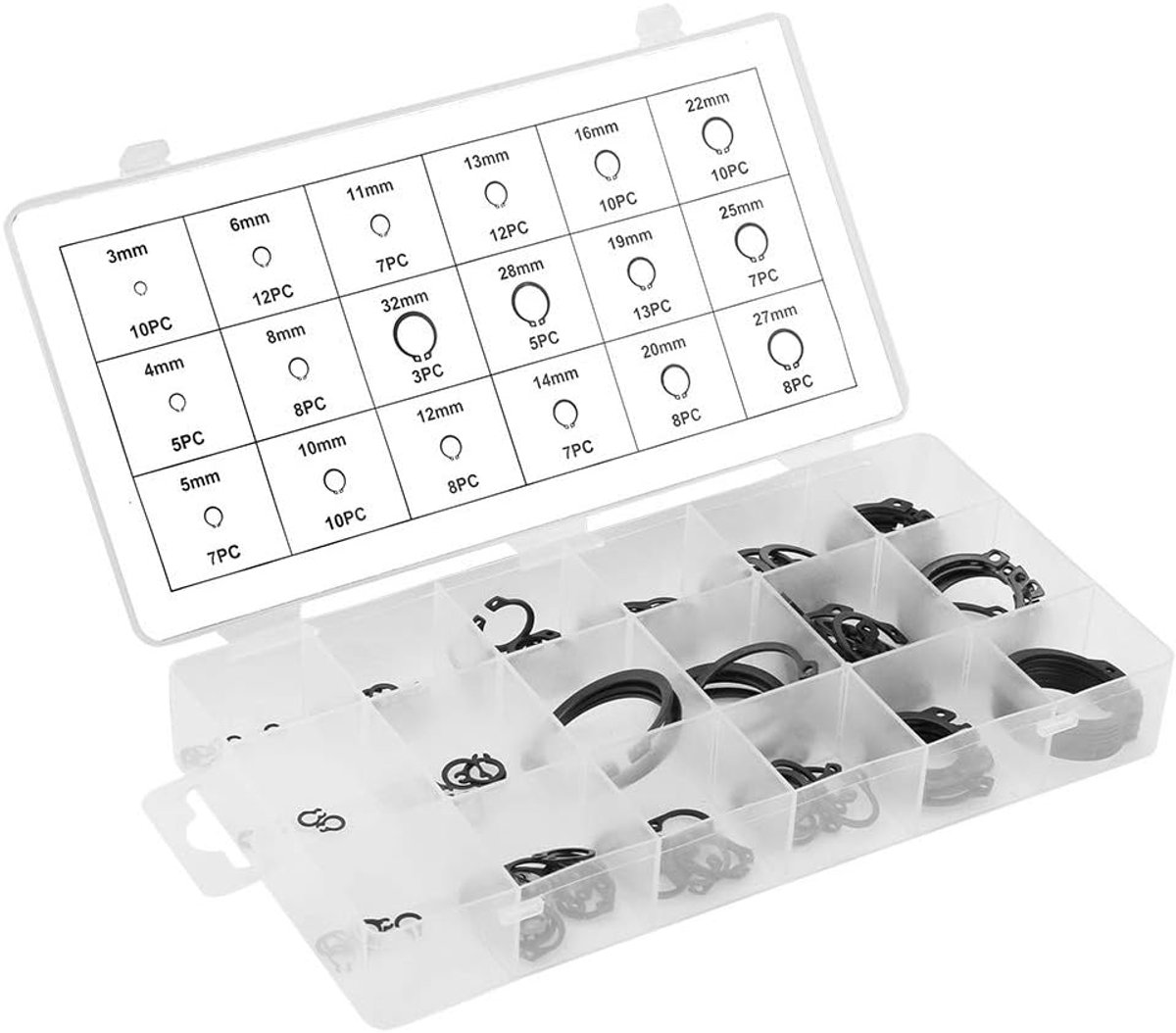 Set borgringen met drukringen, 150 stuks, 3 mm - 32 mm, 18 maten, met doos