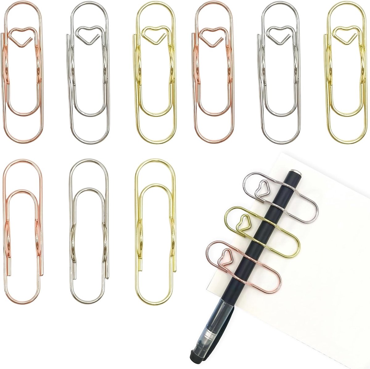 9 stuks metalen pennenklemmen voor notitieboek, draagbare penhouder en multifunctionele paperclip, potloodclip voor agenda, dagboek en notebook, hart en klassiek design, goud, zilver, roségoud