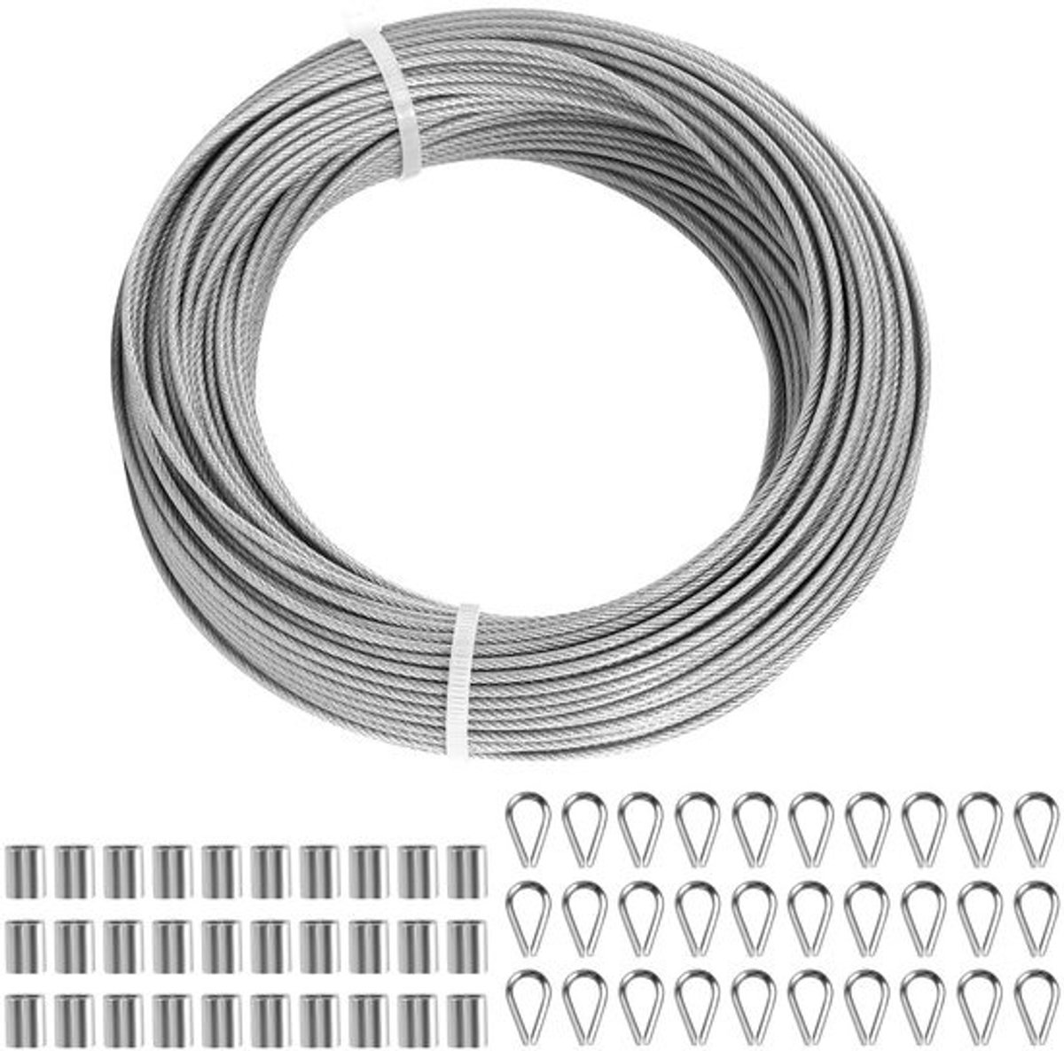 RVS Staalkabel Set 50m 2mm Inclusief Kousen en Krimphulzen voor Klimhulp en Ophanging