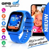 Blauwe kinder smartwatch met GPS, videogesprek op scherm, "NIEUW" en "Altijd in contact, Altijd een veilig gevoel"
