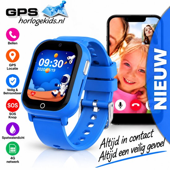 Blauwe kinder smartwatch met GPS, videogesprek op scherm, "NIEUW" en "Altijd in contact, Altijd een veilig gevoel"