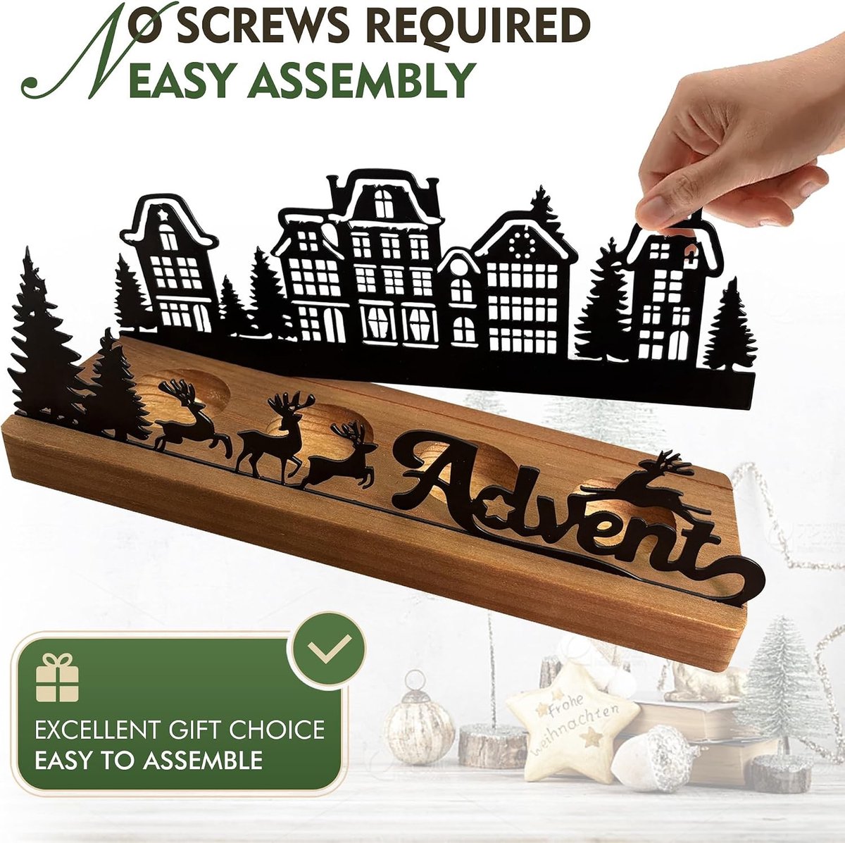 Adventskrans - Zwart - 26 x 8 x 9,5 cm - Metalen Kandelaar met Houten Houders - Voor Kerstdecoratie – foto 6
