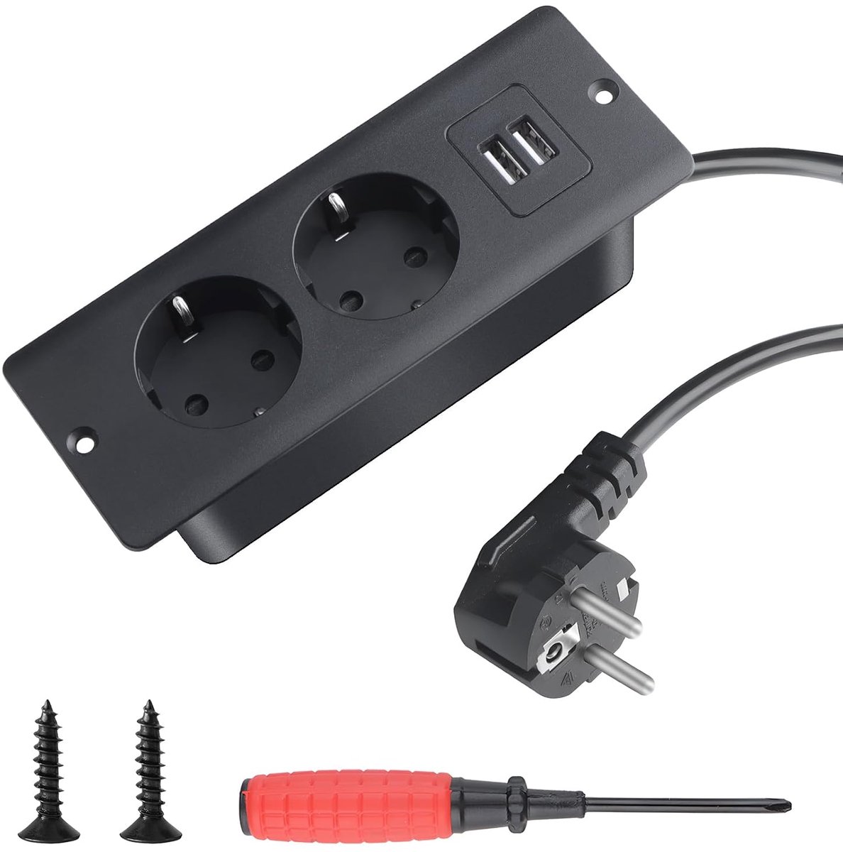 2-voudig, tafelblad, intrekbaar stopcontact met 2 USB-ingangen, meervoudige stekkerdoos met 1,5 m kabel, tafelstopcontact voor meubels of werkbladen, zwart