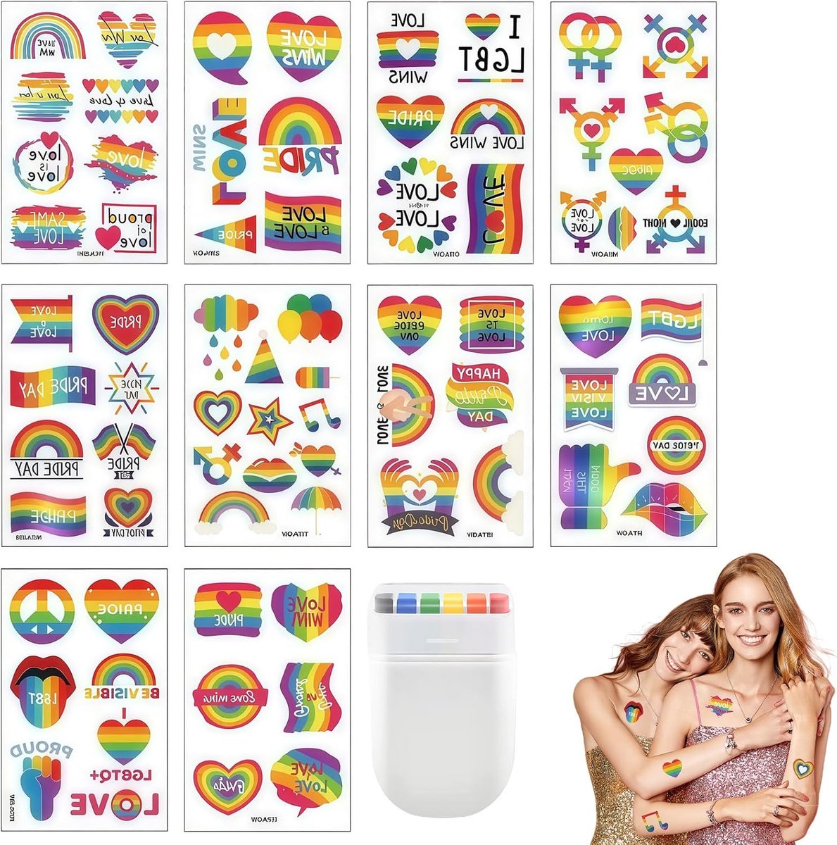 Tijdelijke Tattoo Set – 10 Ontwerpen – 74 Patroons – Inclusief 6 Kleurige Graffiti Stiften – Veilig en Duurzaam voor Pride Maand en Feestelijke Gelegenheden