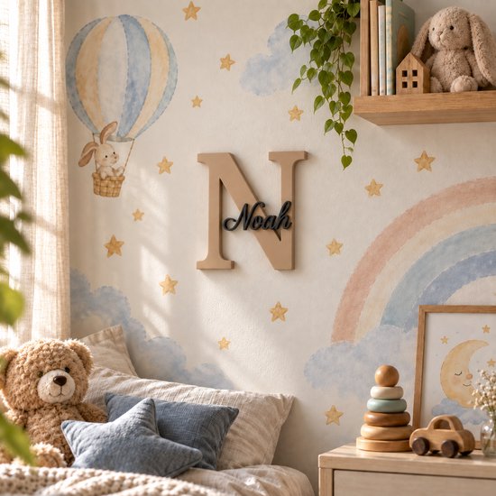 Gepersonaliseerd naambordje kinderkamer met naam en initiaal – Beige/Zwart – Keuze uit lettertypen — afbeelding 4