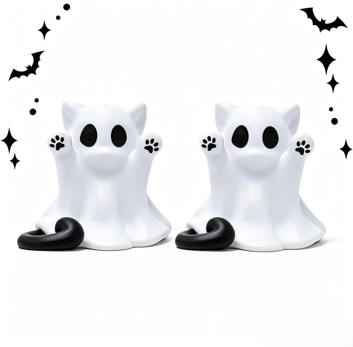 Halloween Kat Spookbeeld - Schattig en Griezelig Cartoon Beeldje - Bureaubladdecoratie - Voor Thuis en Kantoor - 2 Stuks (Wit)