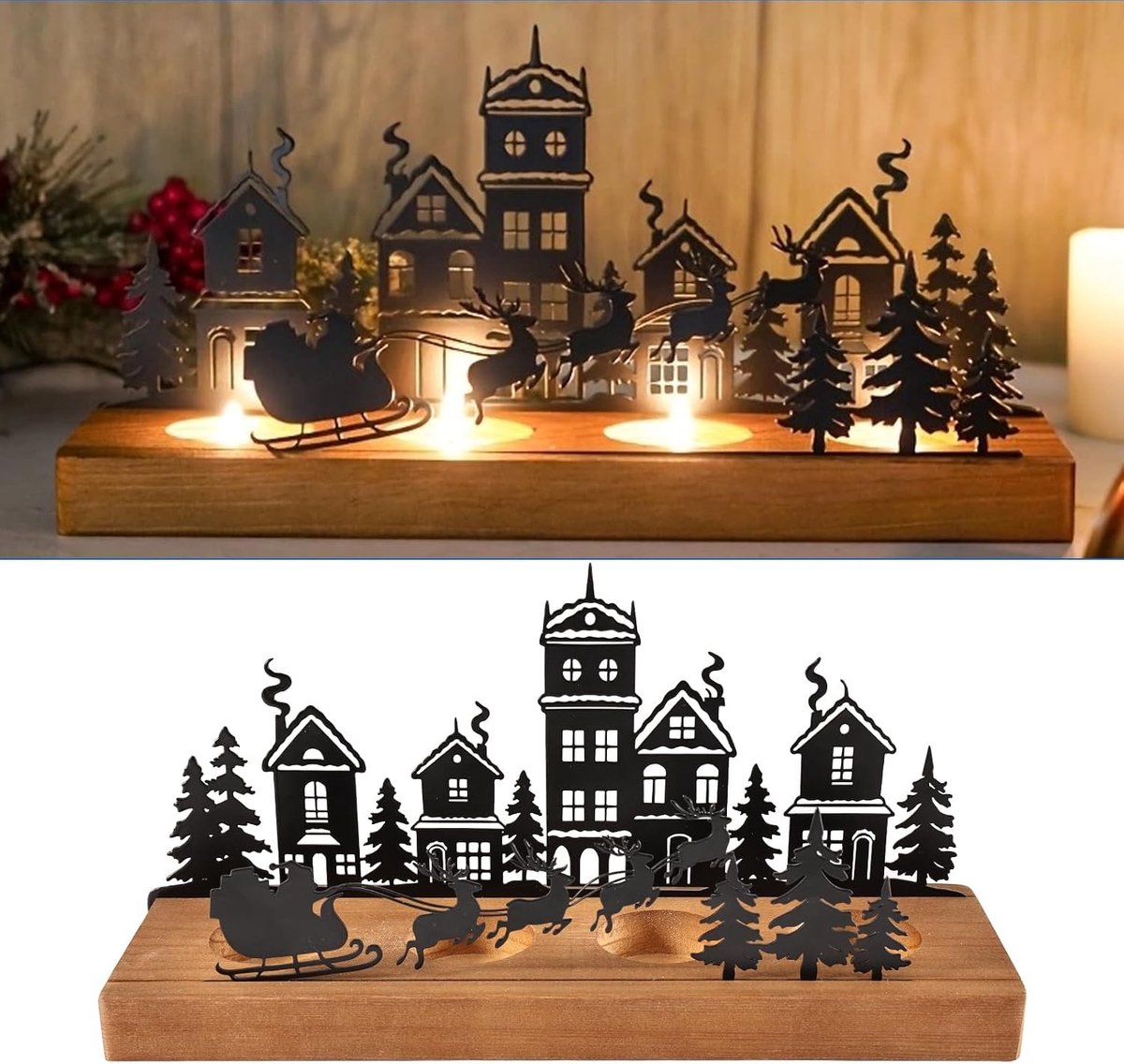 Adventskandelaar - Houtkleur - 27 x 12,5 x 3,2 cm - Houten Kandelaar met Metalen Silhouet - Voor Kerstdecoratie