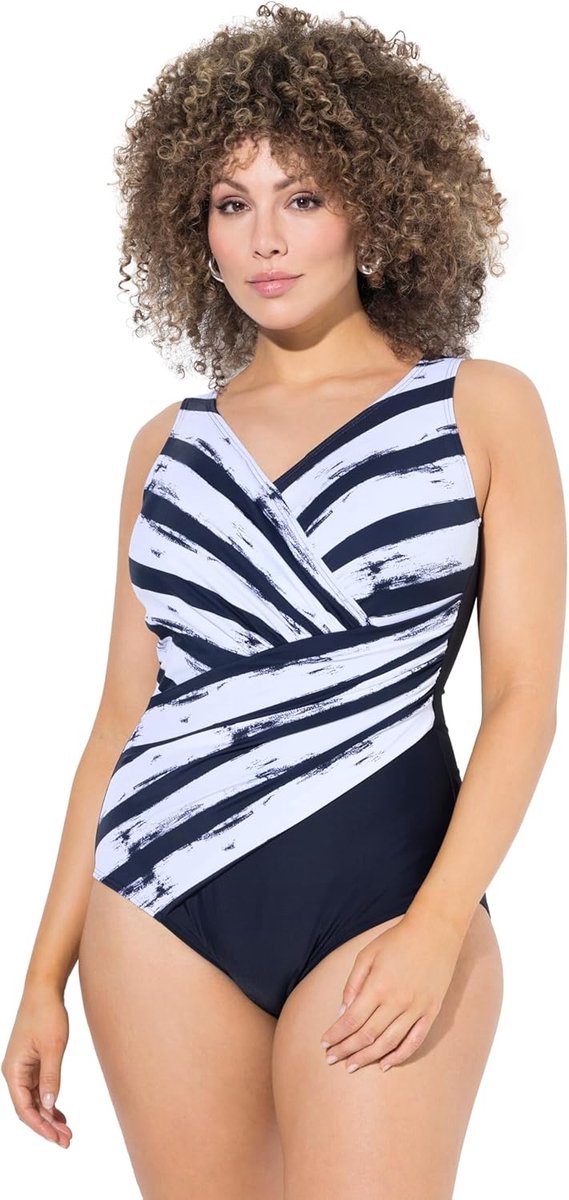 Popken Dames, strepen, softcups, drapering, gerecycled badpak, marineblauw, 58