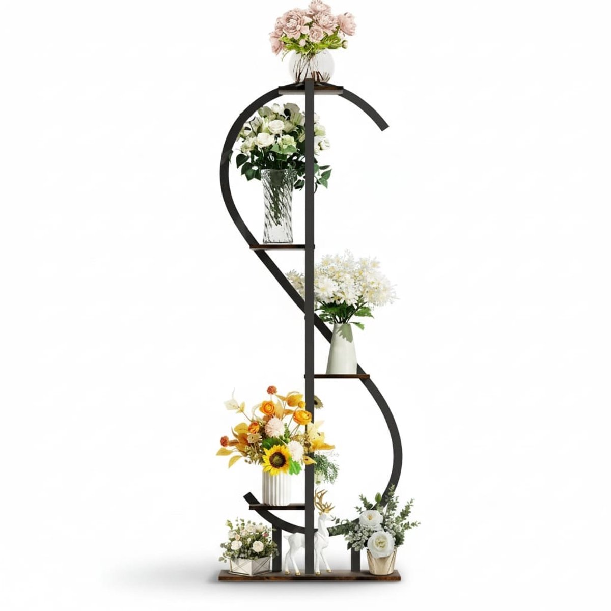 Klarven® Plantenstandaard 1 stuks - 5 Niveaus met Ophanghaken - Ruimtebesparend Hoekmodel - Geschikt voor Hoge Planten en Tuingereedschap - S-Vorm