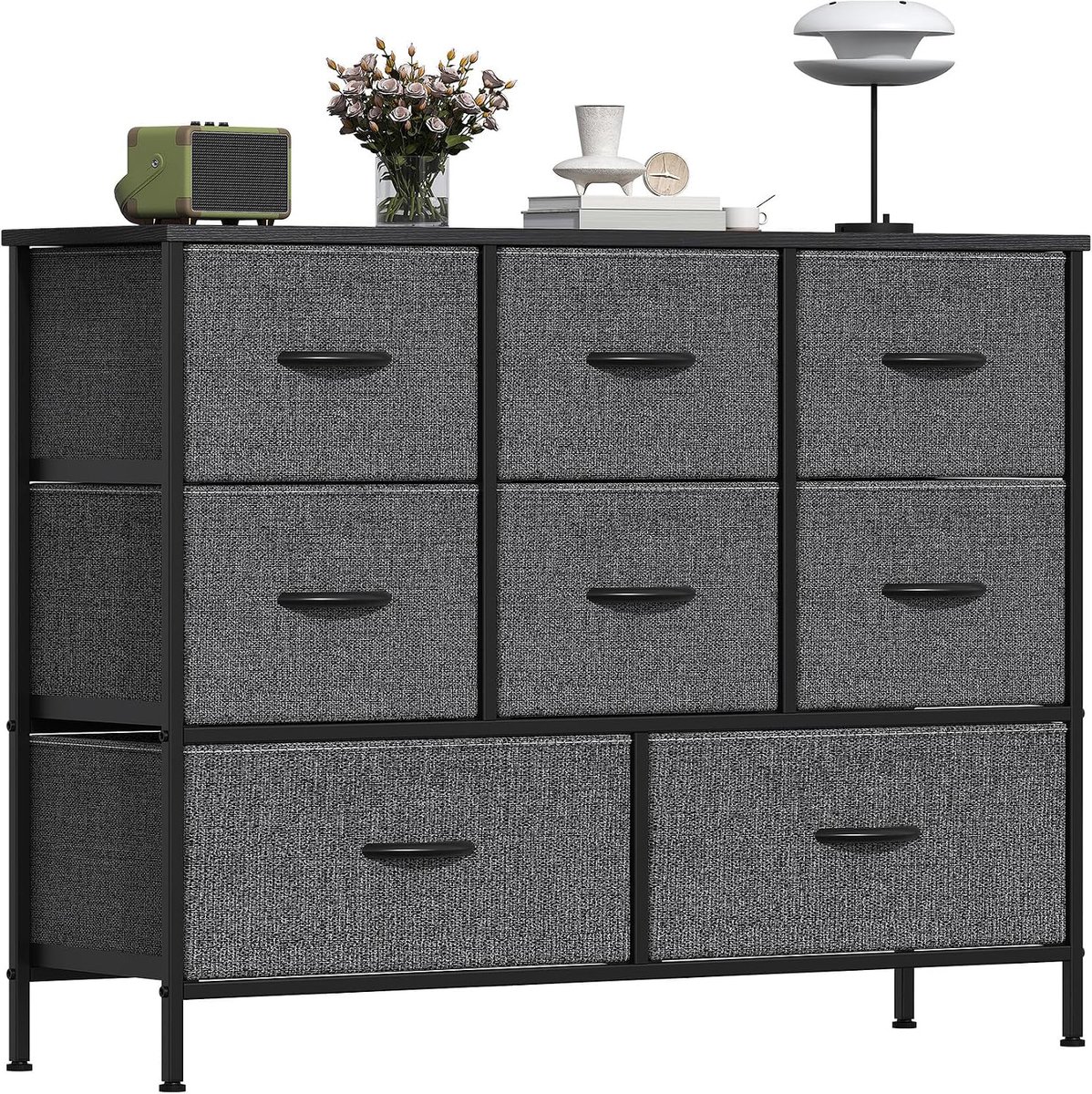 Ladekast met 8 stoffen lades - 6 kleine en 2 grote lades - Metalen frame en MDF blad - Voor slaapkamer en hal - 100 x 30 x 76 cm - Donkergrijs/zwart
