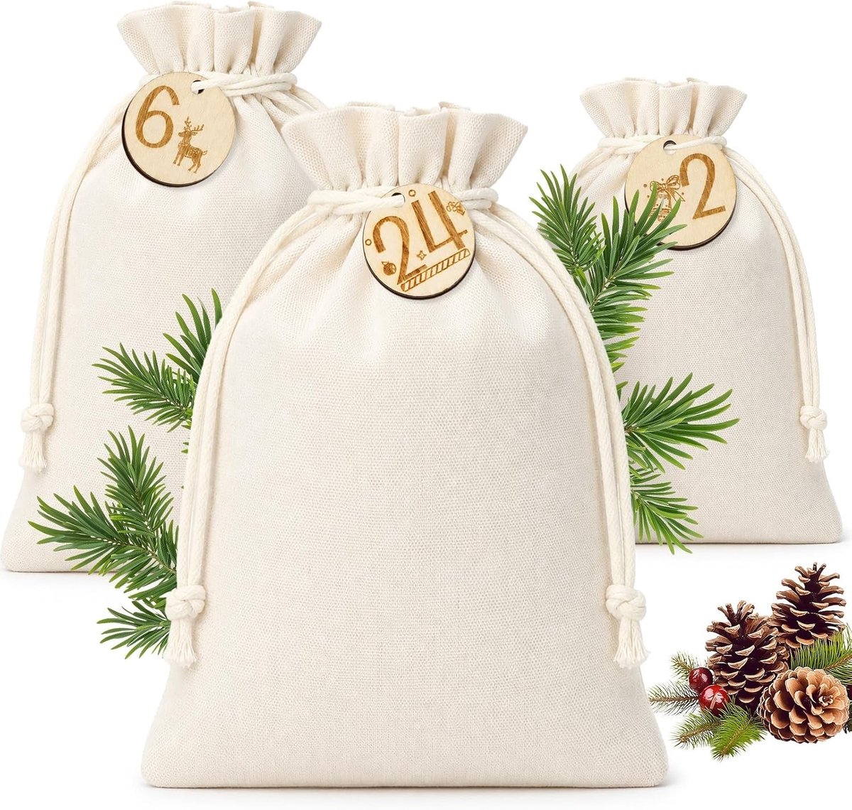 Adventskalender om te vullen - Jute - 13 x 18 cm en 17 x 23 cm - Herbruikbare en Duurzame Kalender - Voor Gezinnen