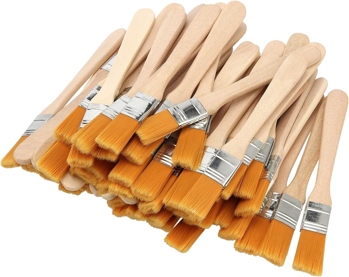 Dailygoods- Verfborstels 60 stuks - Platte Borstelset - Houten Handvat - 13 cm Lengte - 1,5 cm Haarbreedte - Zachte Nylon Haren - Kwasten