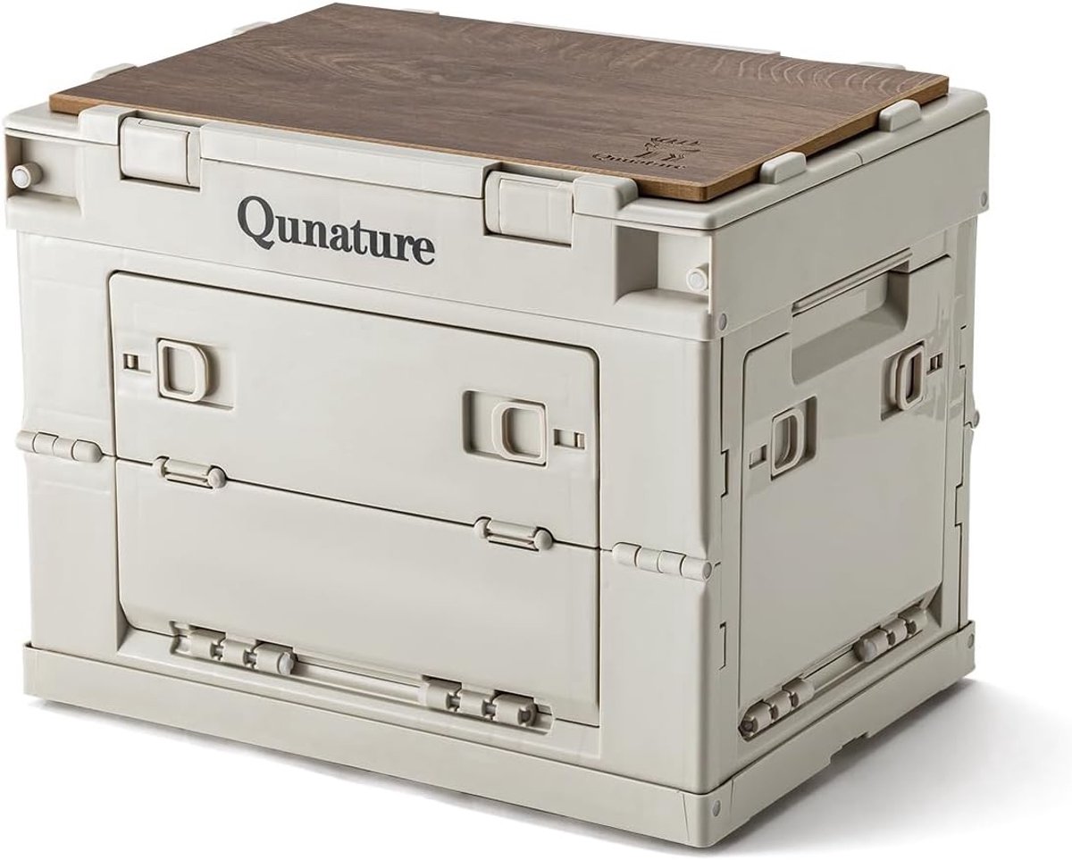 Camping Opbergdoos - Wit - 26 L - Opvouwbare Box met Houten Deksel - Voor Kamperen en Picknicken
