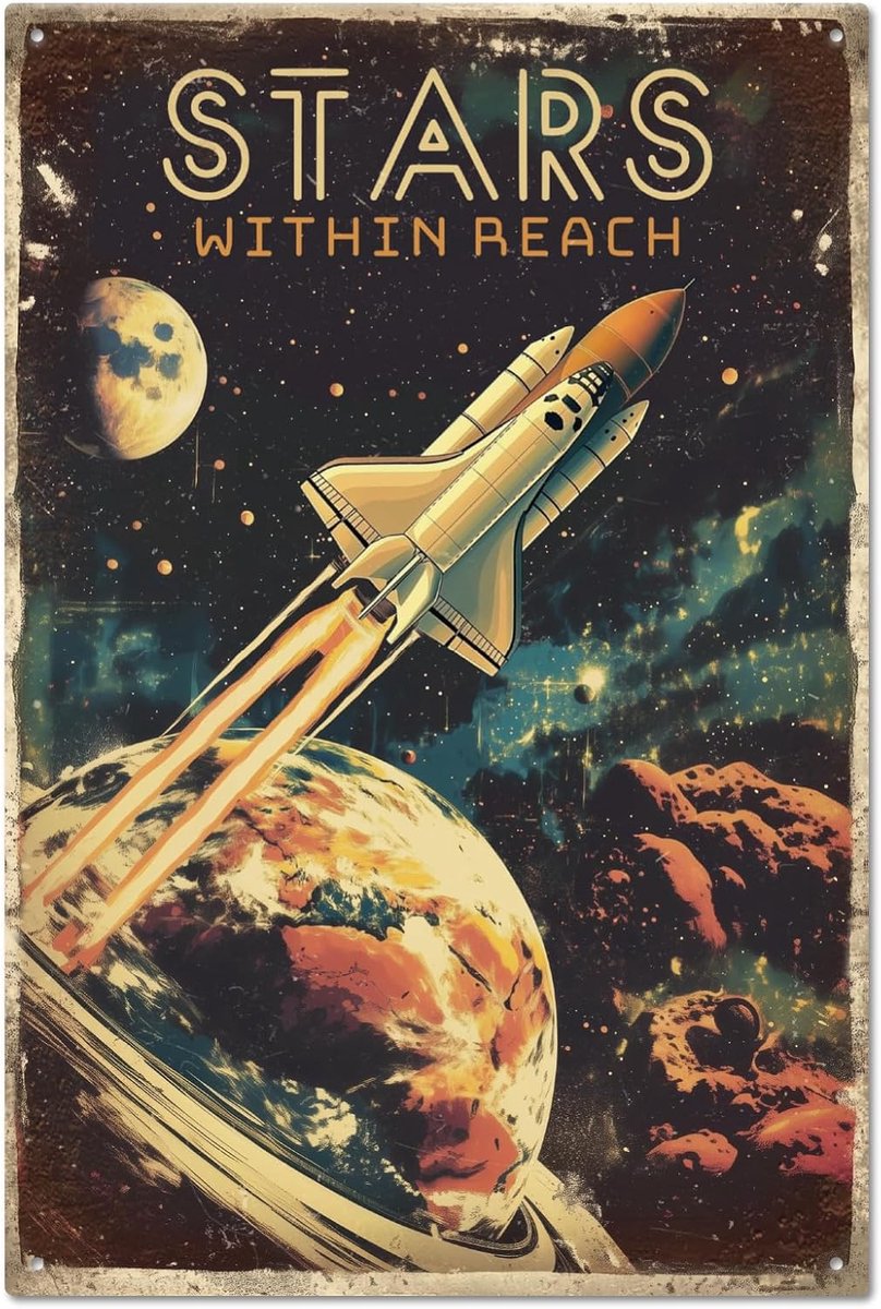 Flight Rocket Space Metalen bord "WITHIN REACH" Retro Universum Planeet Tin Borden Muurposter Plaquette voor Kantoorsalon Garage Balkon Houten Kamer Thuis Muur Decor