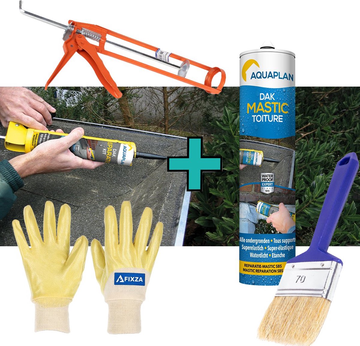 Aquaplan Reparatie-Mastic – set -plus kwast - Waterdichte Dakreparatie Pasta – Voor Scheuren, Barsten en Dakafdichting - 310 ml