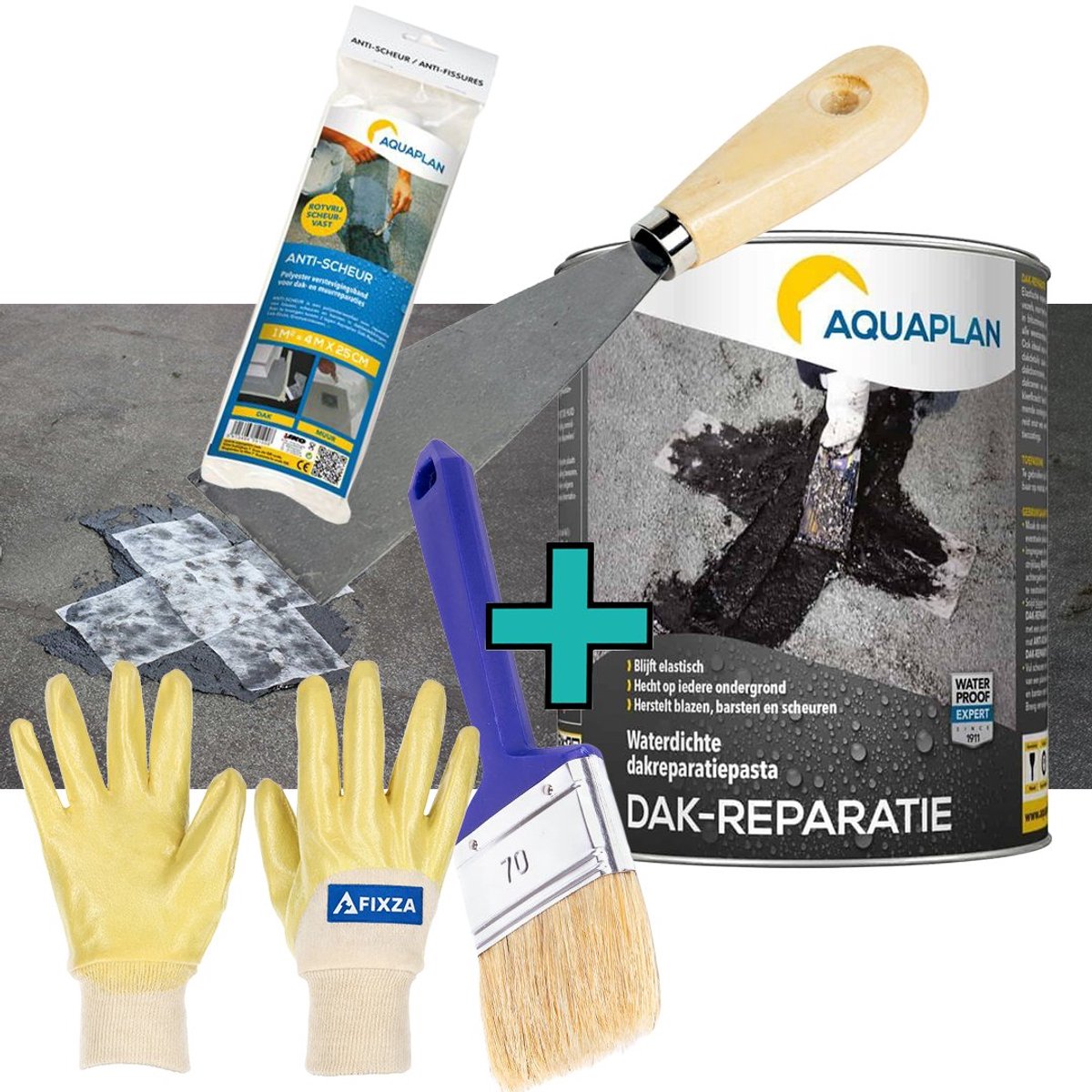 Aquaplan Dak-Reparatie –Anti-Scheur set – Waterdichte Reparatiepasta voor Dakleer, Bitumen & Goten – Elastisch & Vezelversterkt – 2,5 kg