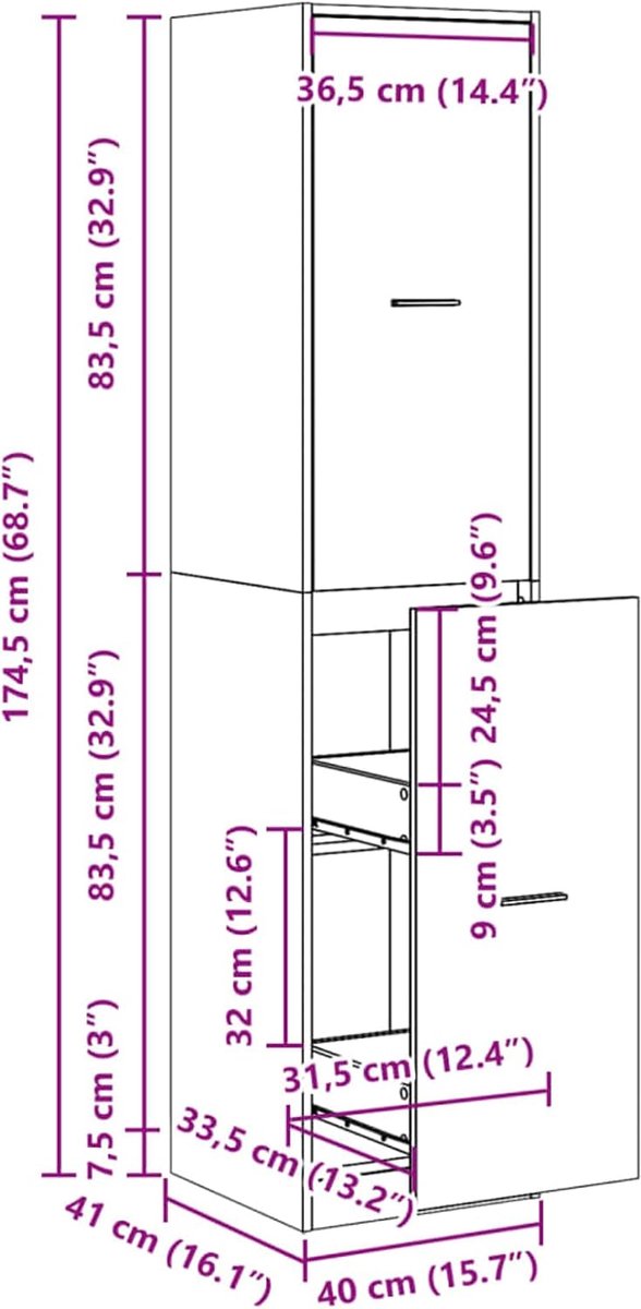 houtmateriaal 40 cm breed in Sonoma eiken, 4 laden, 174,5 cm hoog - ideaal als bijzetkast of commode