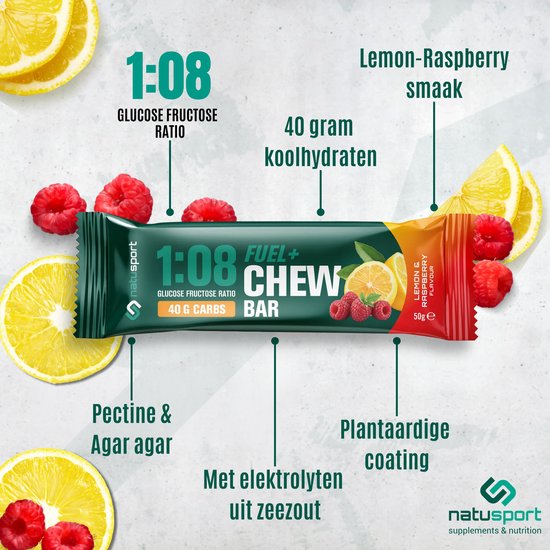Natusport FUEL+ Chew Bar – Energiereep met 40 g Koolhydraten - 1:0,8 Glucose-Fructose - Lemon Raspberry - 12 stuks — afbeelding 3