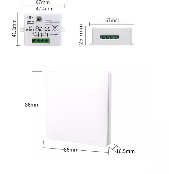 Afmetingen van een witte slimme schakelaar module (41.2x47.4x25.7mm) en een witte 3-knops wandschakelaar (86x86x16.5mm).