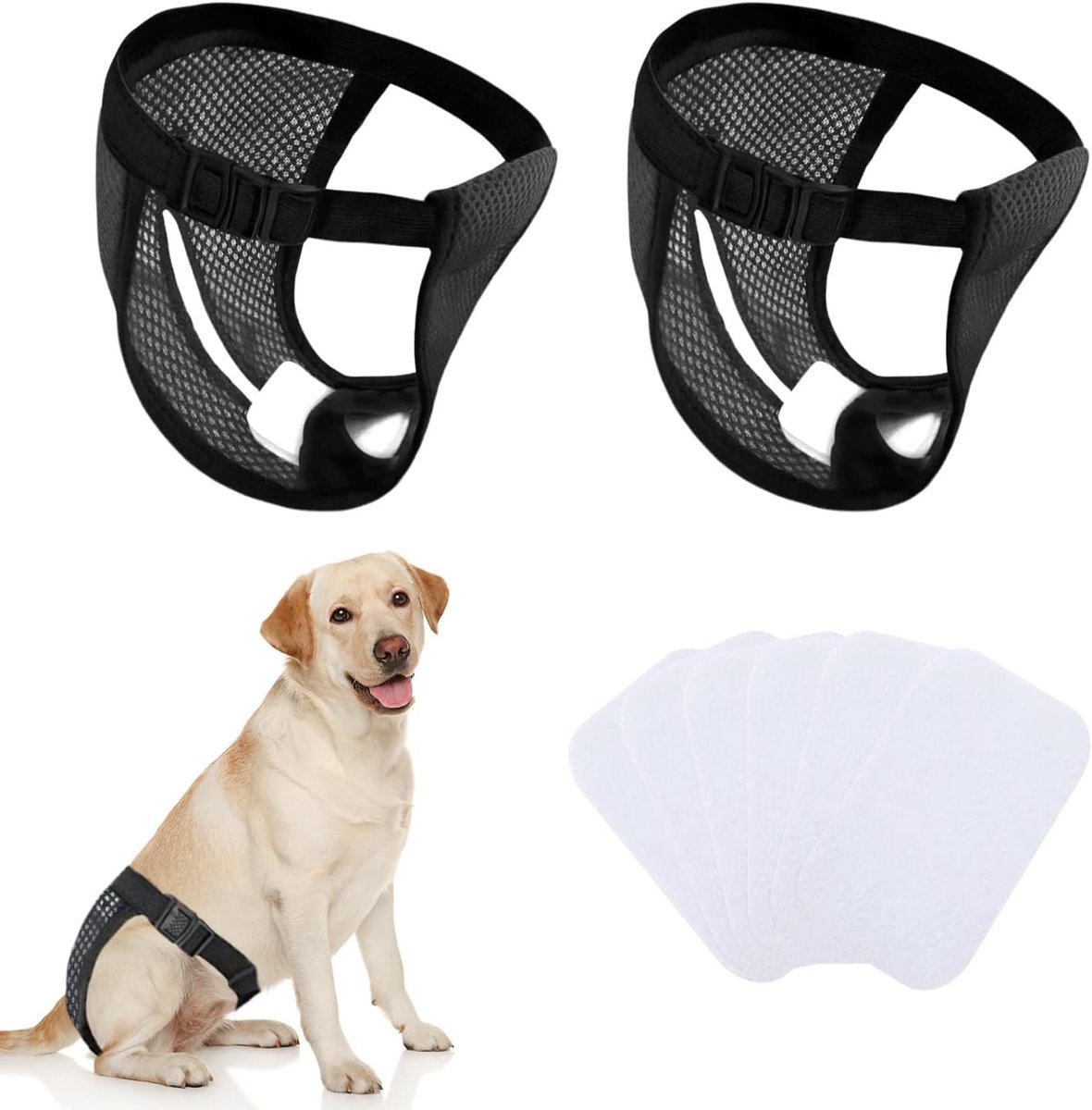 Herbruikbare hondenluiers voor actieve honden, 2 stuks met 6 inleggers voor maandelijkse bescherming, zwart (groot)