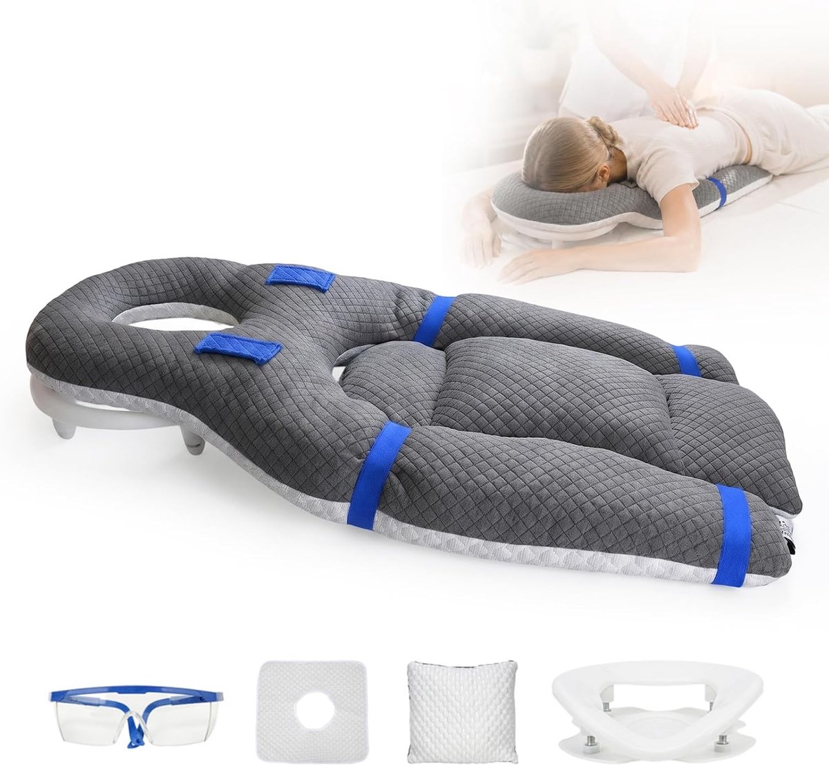 Buikslaapkussen met hoofdgat, Face Down Pillow slapen, ergonomisch gezichtskussen, om te slapen in buikpositie, massage hoofdsteun, verstelbare standaard en borstkussen voor buik (grijs)