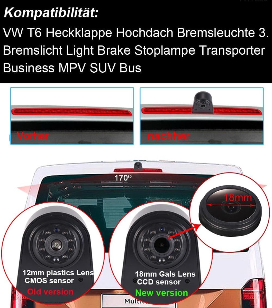 Remlicht voor autocamera, remlicht, achteruitrijcamera, 1280 x 720 mm, vervanging voor VW T6, Caddy, Maxi, Cargo Transporter, Zaken, MPV, SUV, bus, waterdicht