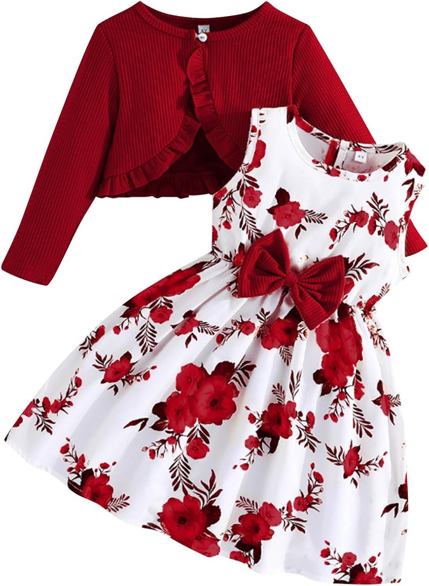 Jurk voor meisjes met cardiganset, bloemenjurk, mouwloos, met ruches, lange mouwen