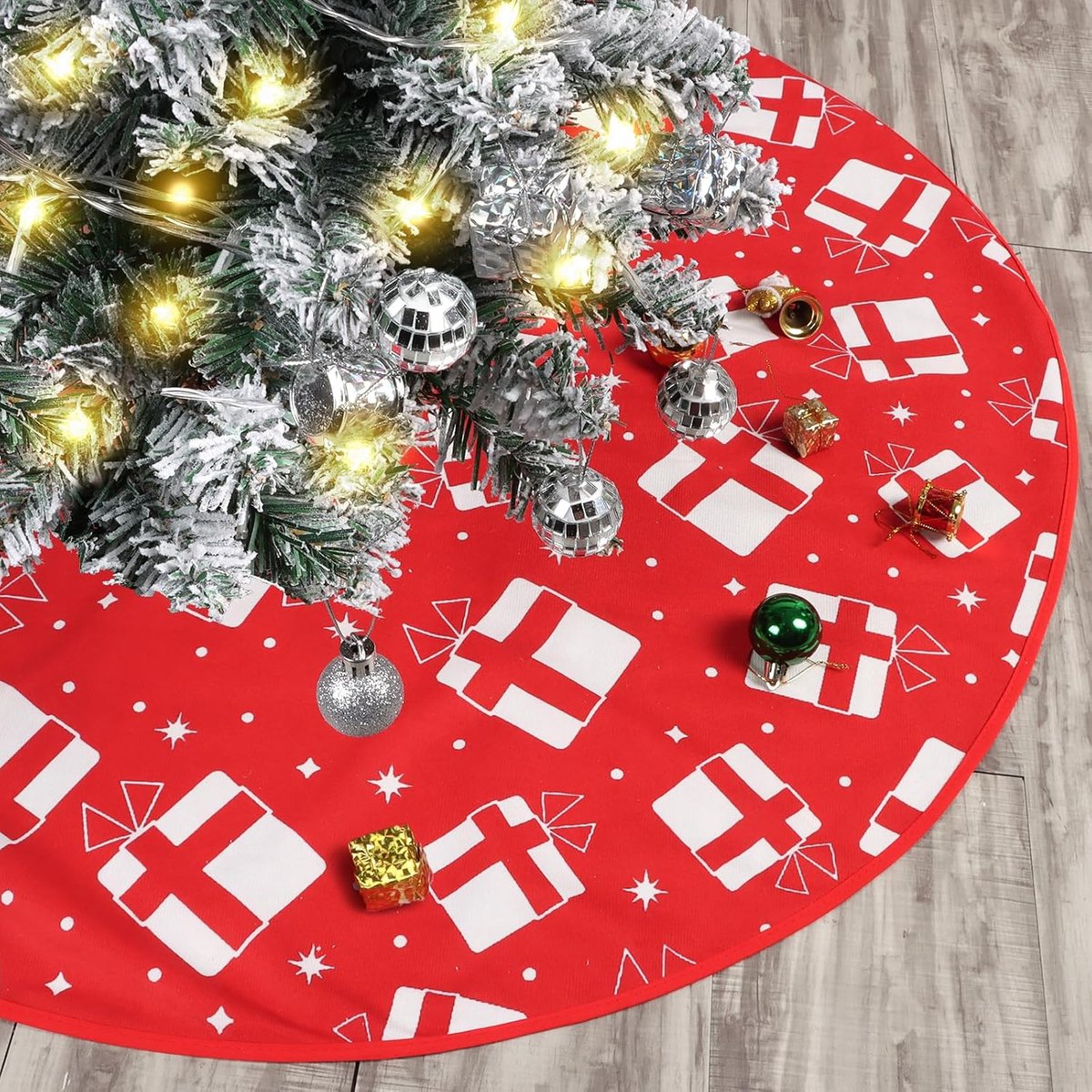 90 cm, ronde kerstboomrok, kerstboomdeken, kerstboom rok met sneeuwvlokkenpatroon, kerstboomdeken voor Kerstmis, vakantie, feest, rood 2