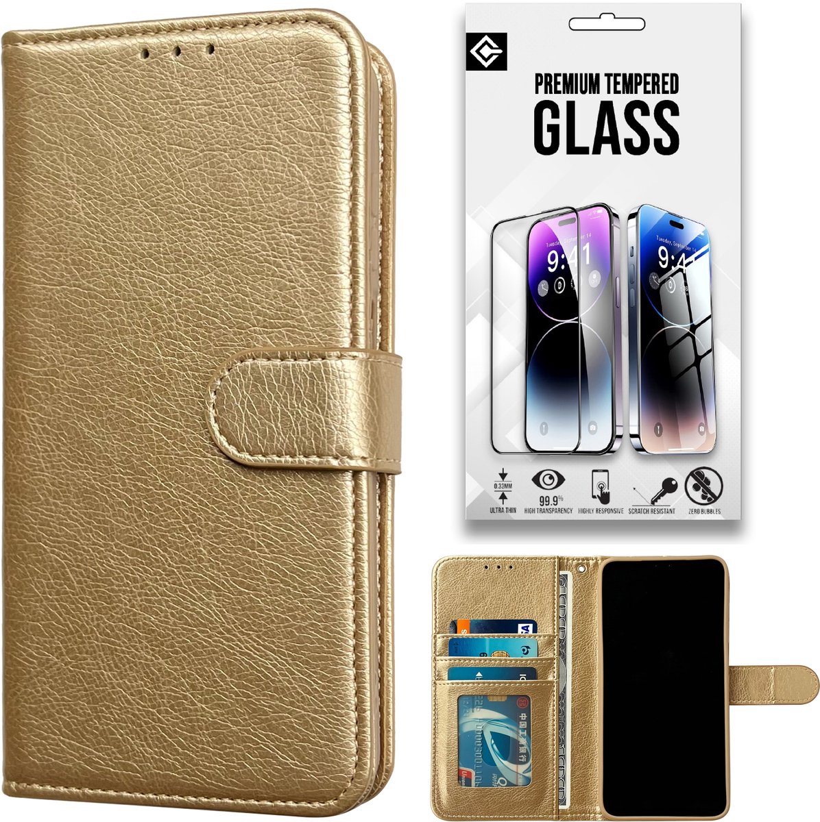 Casemania Hoesje en Glas Geschikt voor Apple iPhone 18 Pro - Goud - Luxe Portemonnee Book Case met Pasjeshouder - Wallet Case Telefoonhoesje - 1x Tempered Glazen Screenprotector