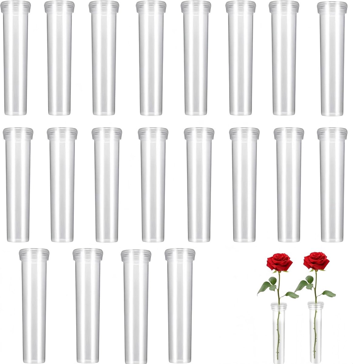 Set van 20 heldere plastic bloemenwaterbuizen met doppen, perfect voor het bewaren van verse bloemen, bruidsboeketten en decoraties