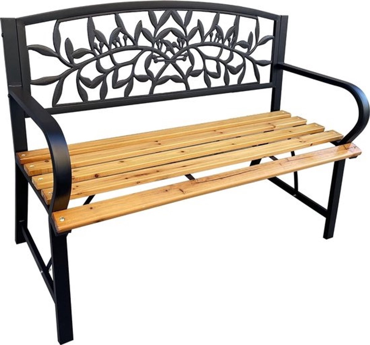 Tuinbank Zwart met Houten Zitting en Gietijzeren Poten - 118 cm Breed