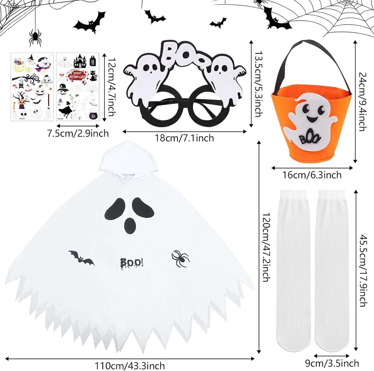 Kinderen Halloween kostuum, spook kostuum, carnaval kostuum, verkleedpartij, themafeest, cosplay outfit voor jongens en meisjes, griezelige cape, feestkleding voor kinderen