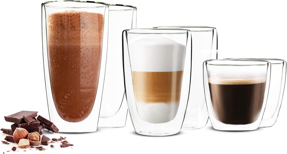 6 dubbelwandige glazen, 2 x 450 ml, 2 x 200 ml, 2 x 90 ml, koffieglazen, thermoglazen, latte macchiato set