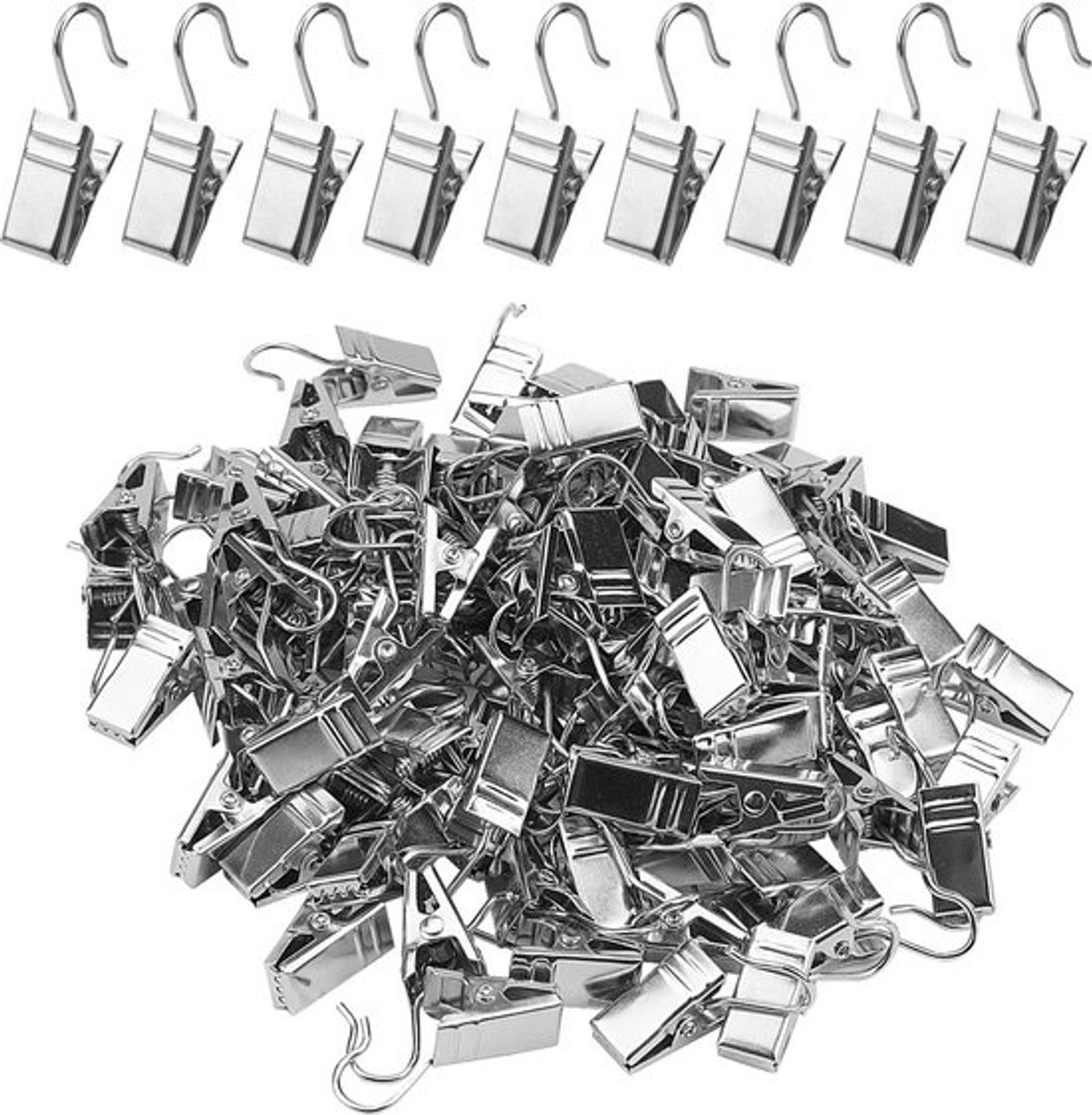 SnelShoppen - 100 Stuks Gordijn Clips, Metalen Hangclips met Haak, Zilveren Gordijnhanger Clip voor Thuisdecoratie, Duurzaam en Roestbestendig