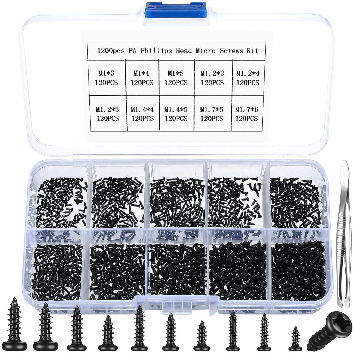 1200-delige set zelfborende schroeven, klein schroevenset, M1, M1.2, M1.4, M1.7, mini kruiskopschroeven met sleutelkopschroeven assortimentset voor elektronica, horlogemakers, brilschroeven