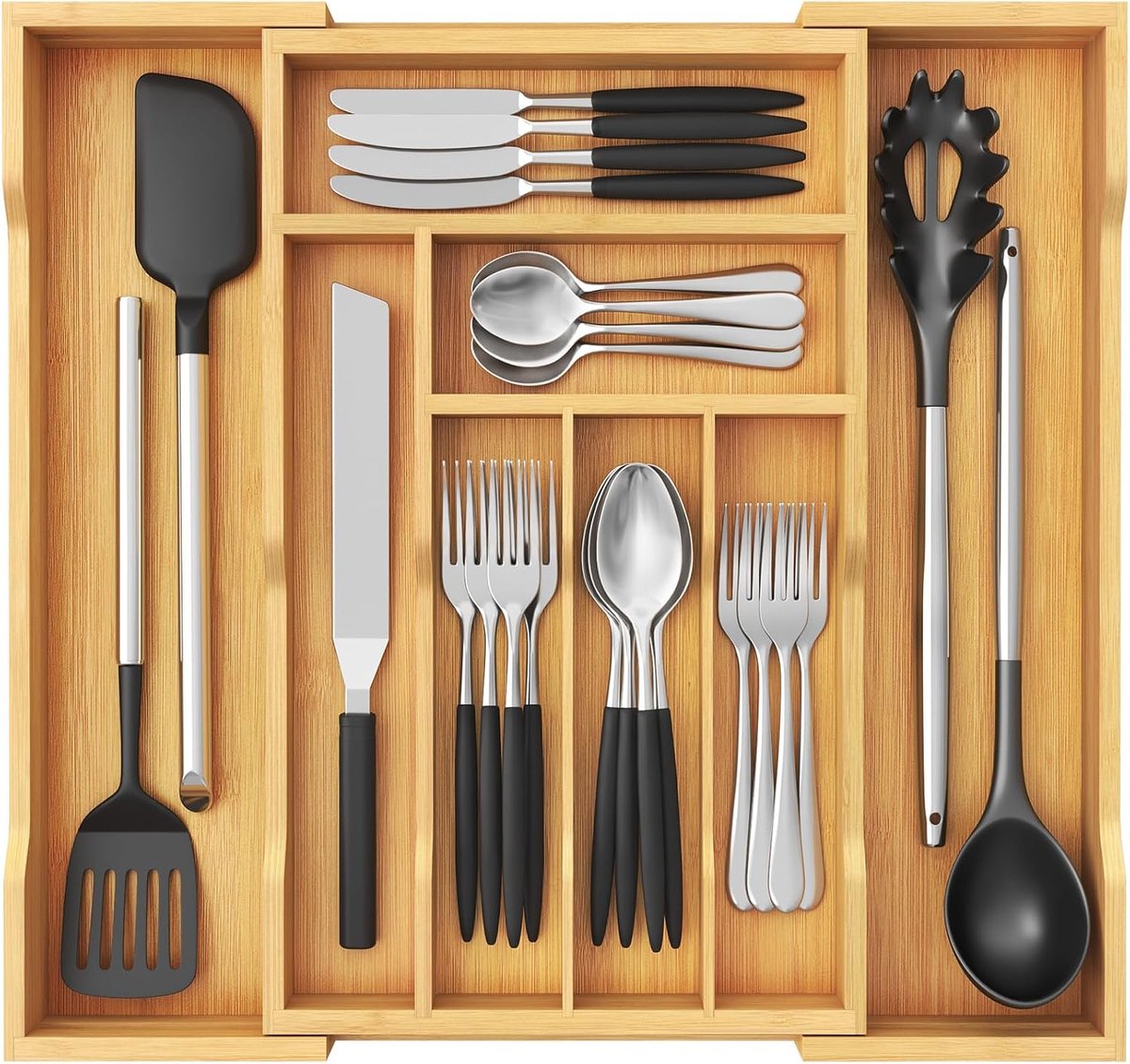 Bestek lade organizer bamboe, 31-53x43cm uitschuifbare besteklade voor laden insert, 8 compartimenten houten keuken opberghouder voor gebruiksvoorwerp, mes, vork, lepel, groot