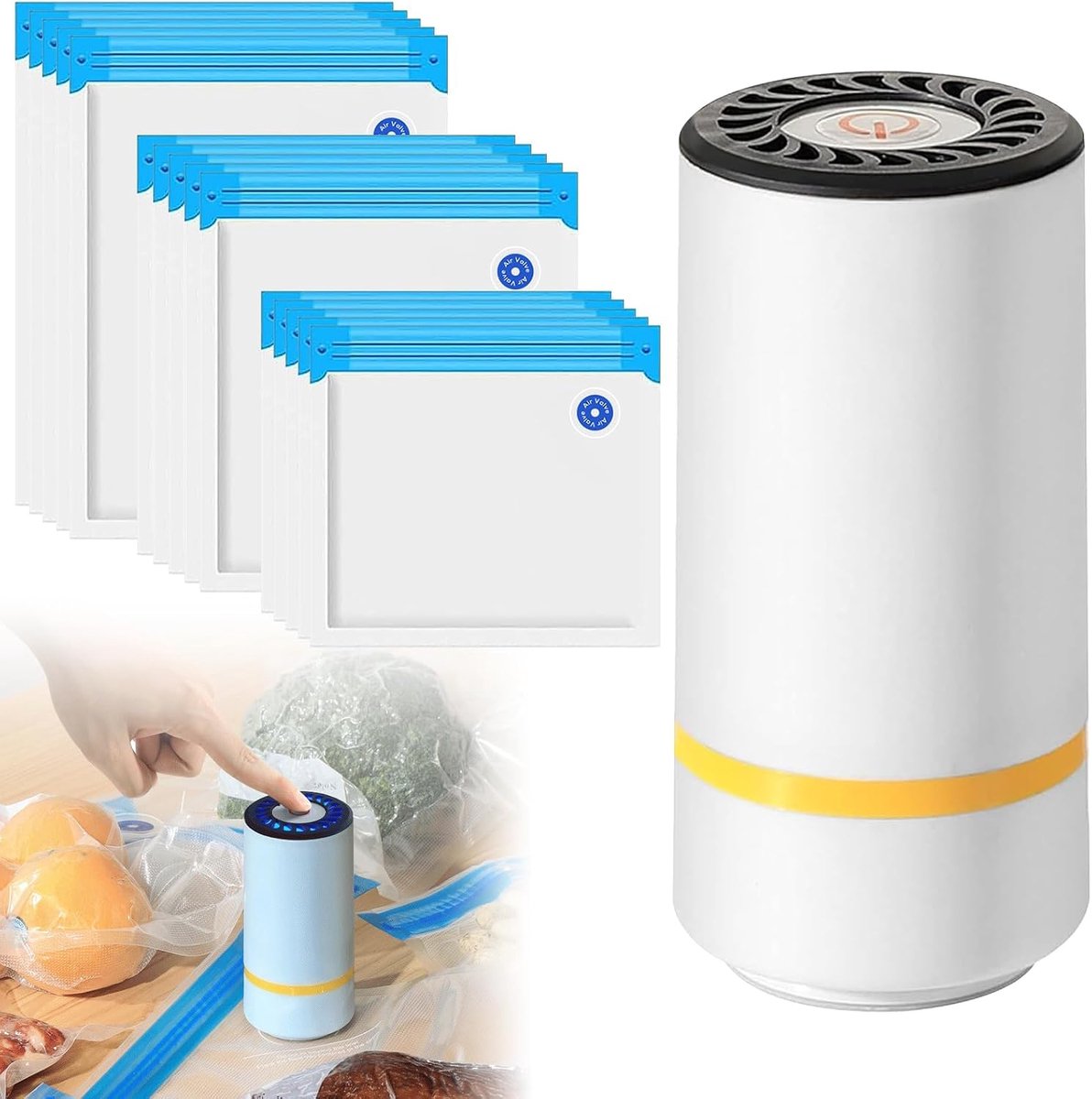 Vacuümmachine, vacuümmachine met 15 vacuümzakken, mini-handvacuümpomp, draagbaar, elektrisch folielasapparaat, oplaadbaar voor keukenopslag (wit)