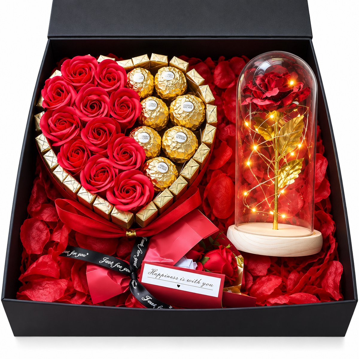 Nina’s Giftshop® Valentijn Geschenkset – Chocolade Hart met Ferrero Rocher & Merci – Rode Zeeprozen – Eeuwige LED Roos in Stolp – Cadeau voor Haar