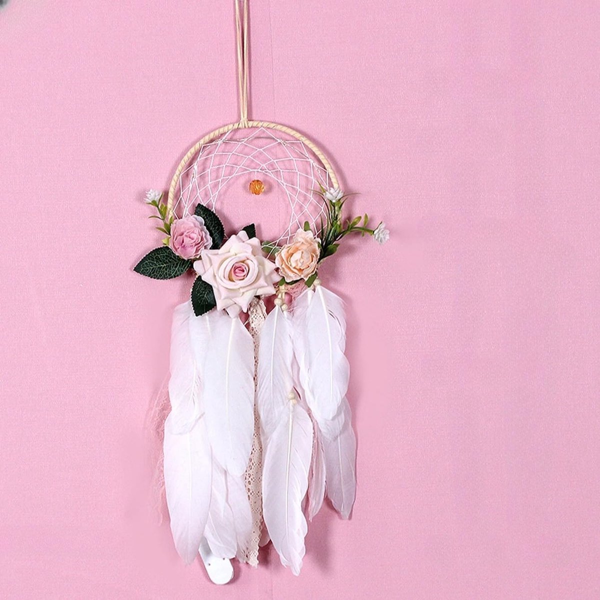 1/2 stuks witte veren dromenvanger met bloemen, handgemaakte kanten wand, Boheemse wanddecoratie voor slaapkamer, woonkamer, woondecoratie