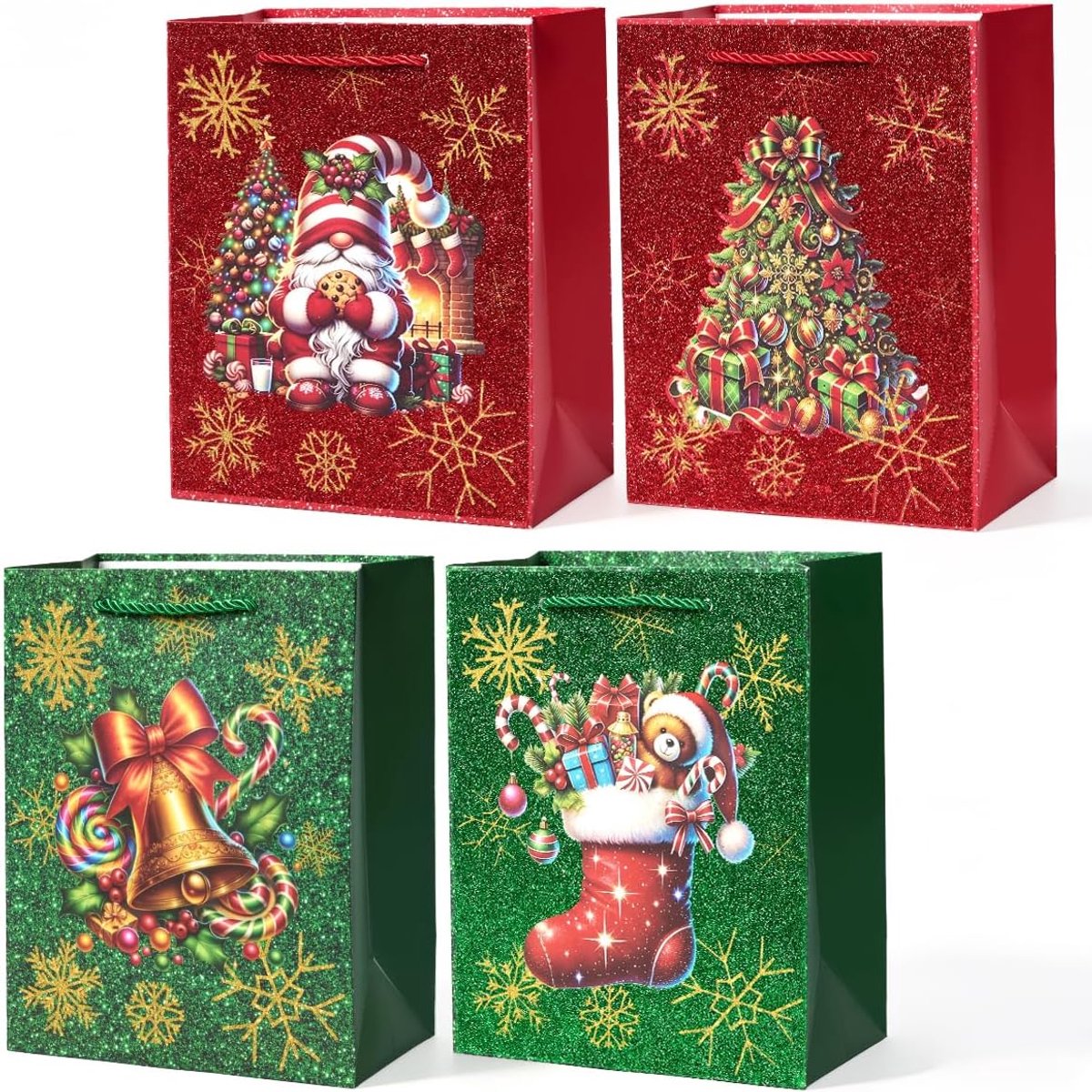 Kerstpapieren geschenkzakjes 4 stuks - middelgroot - schattige ontwerpen - voor het verpakken van cadeaus - ShopVlot