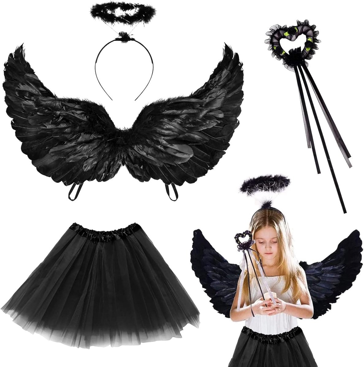 Engelenkostuum voor kinderen, wit zwart, engelvleugelkostuum met halo en toverstaf, engelenvleugels, decoratief kostuum 60 cm, engelenvleugelkostuum voor Halloween, carnaval, cosplay, party, kostuums