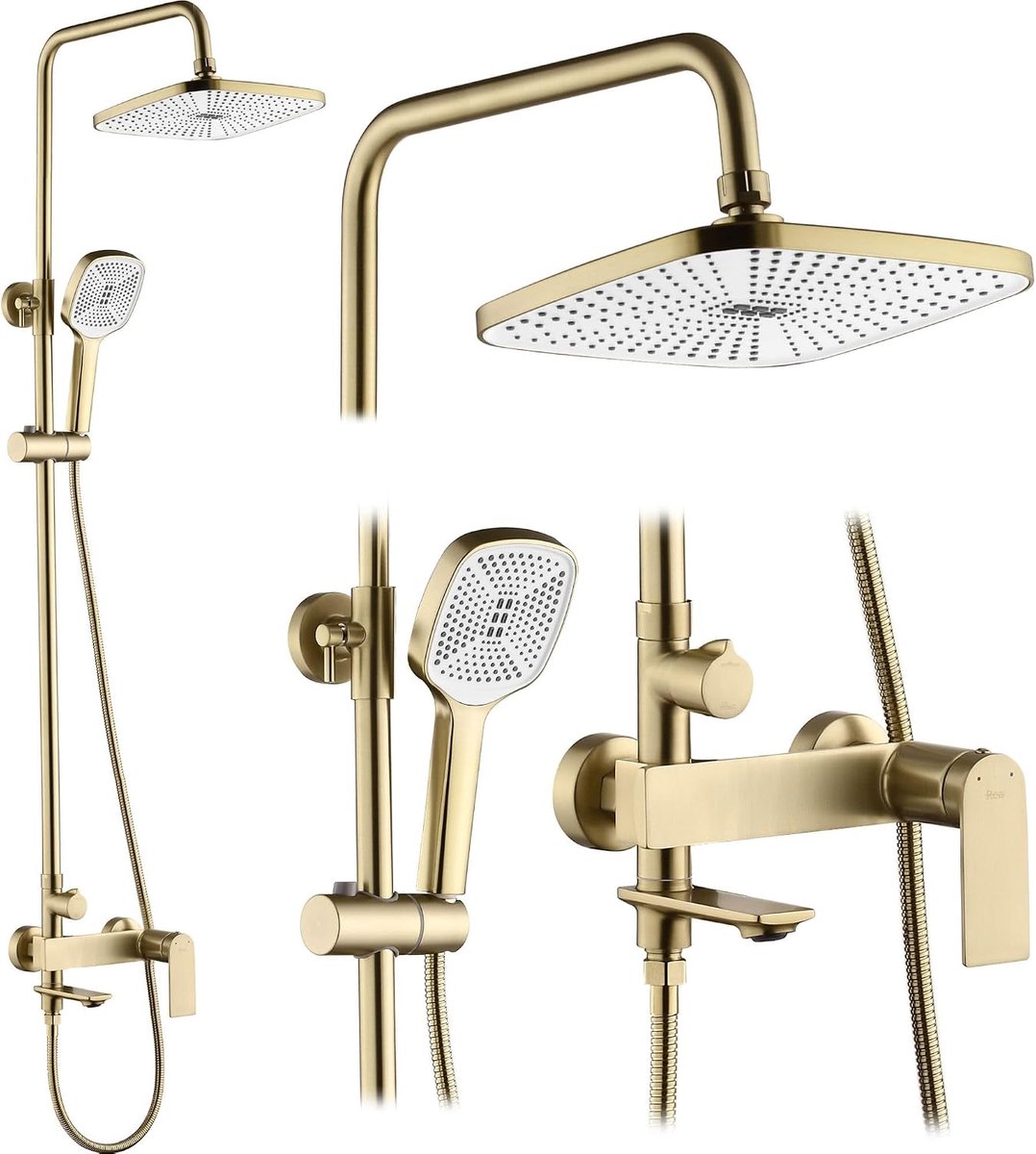 Douchezuil STORM GOLD BRUSH, douchesysteem van messing voor badkamer (goud geborsteld)